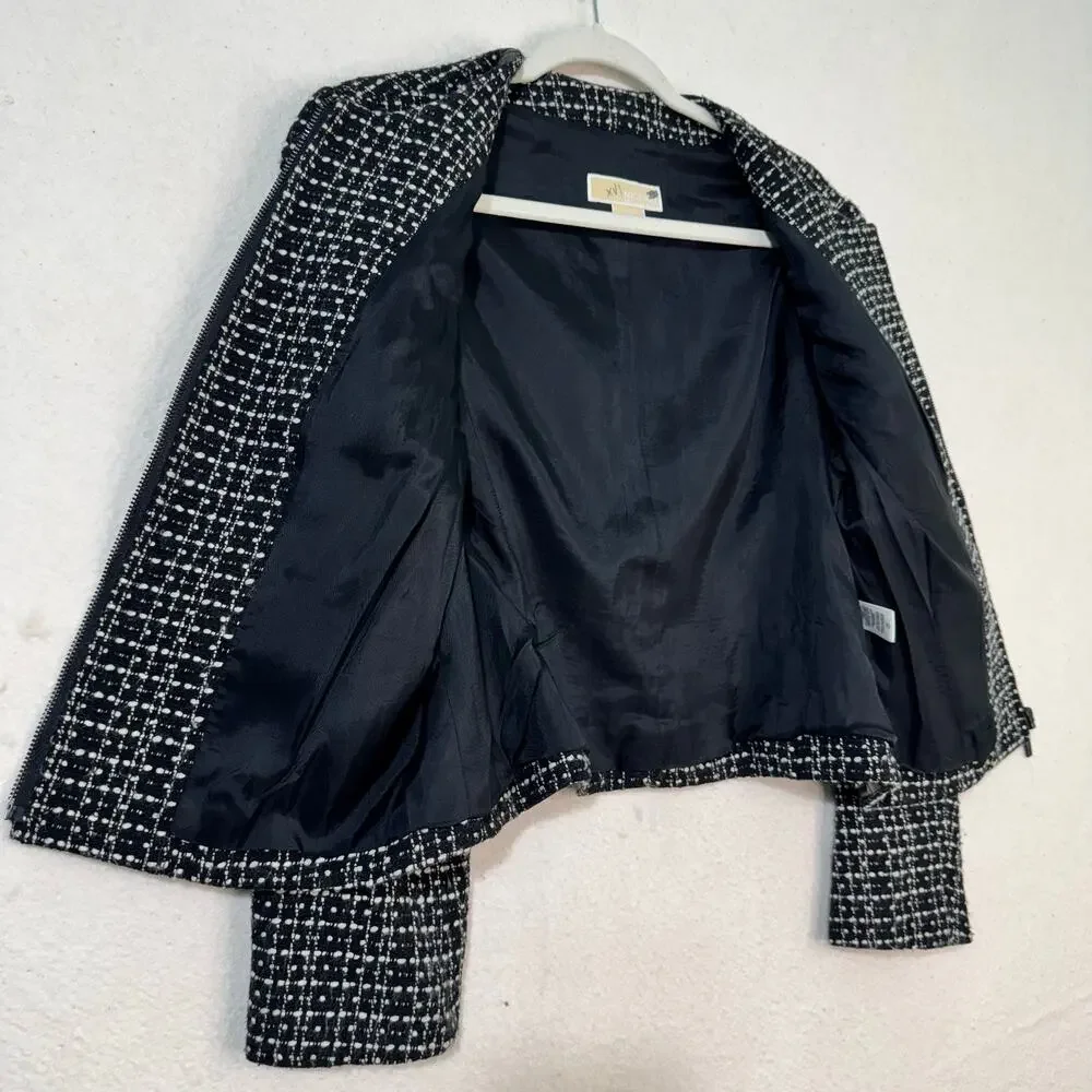 Michael Kors Black White Wool Tweed Blazer Jacket Patent Leather Trim Petite 12